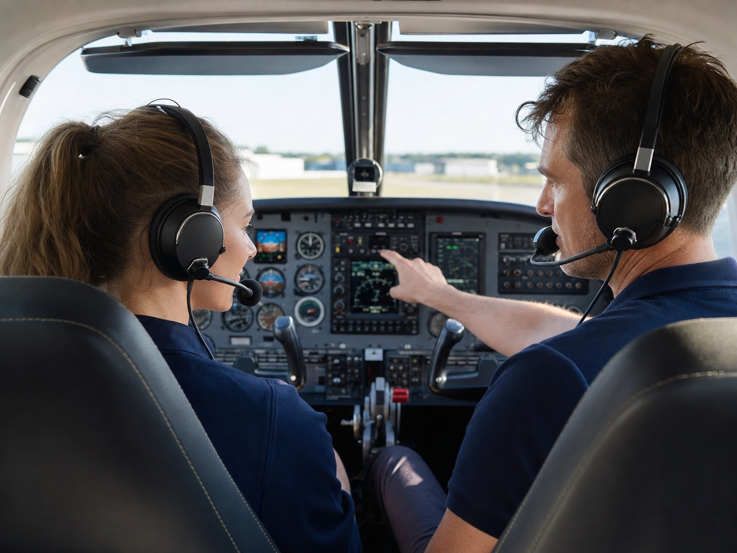 Flugschülerin und Lehrer bei einer Cockpit-Einweisung